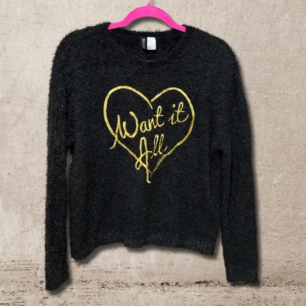 H&M Black and Gold Crew Neck Sweater with Textured Heart